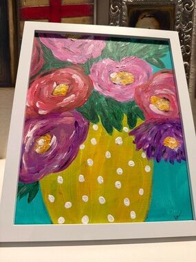 Vibrant Floral Acrylic Painting – Colorful Bouquet in Yellow Polka Dot